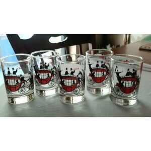 Vintage 5 Libbey  Horse and Carriage Juice Glasses Red Black White  3 1/2"